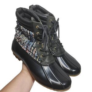 Sam Edelman Women's Black Caldwell Woven Textured Lace-Up Rain Duck Boots Size 9